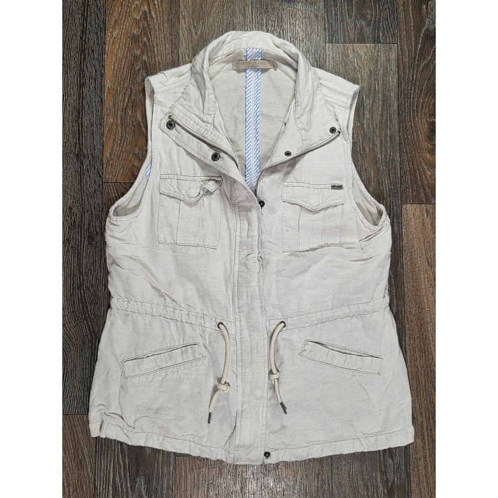 Max Jeans Women Oatmeal Beige Linen Blend Utility Safari Vest Drawstring Waist L
